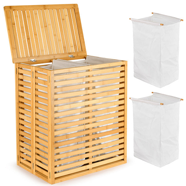 Cesta de ropa de bambú con tapa - Cesta plegable con 2 compartimentos y bolsillos interiores extraíbles, ideal para el baño, el dormitorio y la lavandería