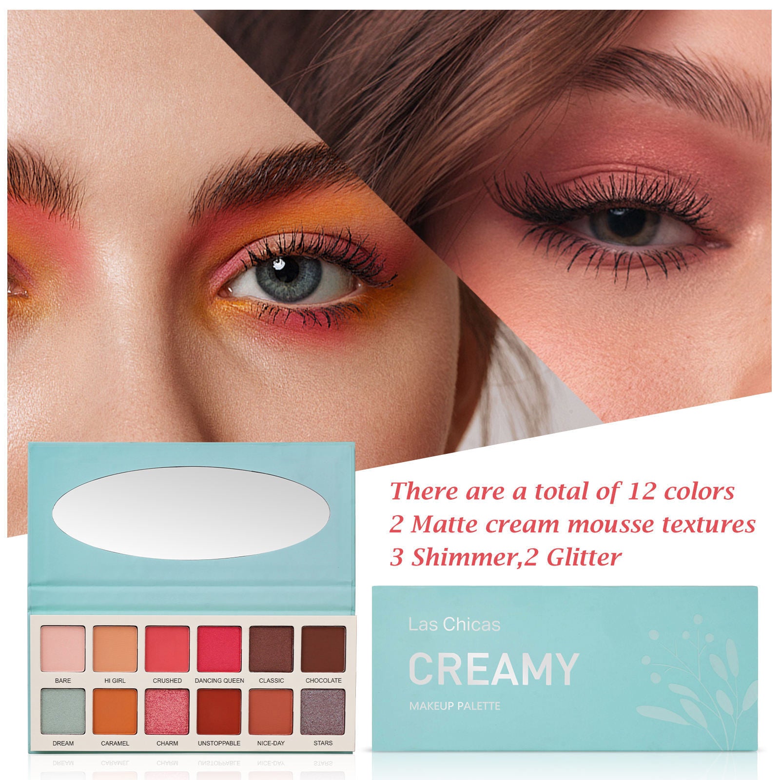 Paleta de sombras de ojos en crema de Las Chicas: alta pigmentación, textura suave, sin hidroxi-benzofenona, vegana, no testada en animales (12 colores)