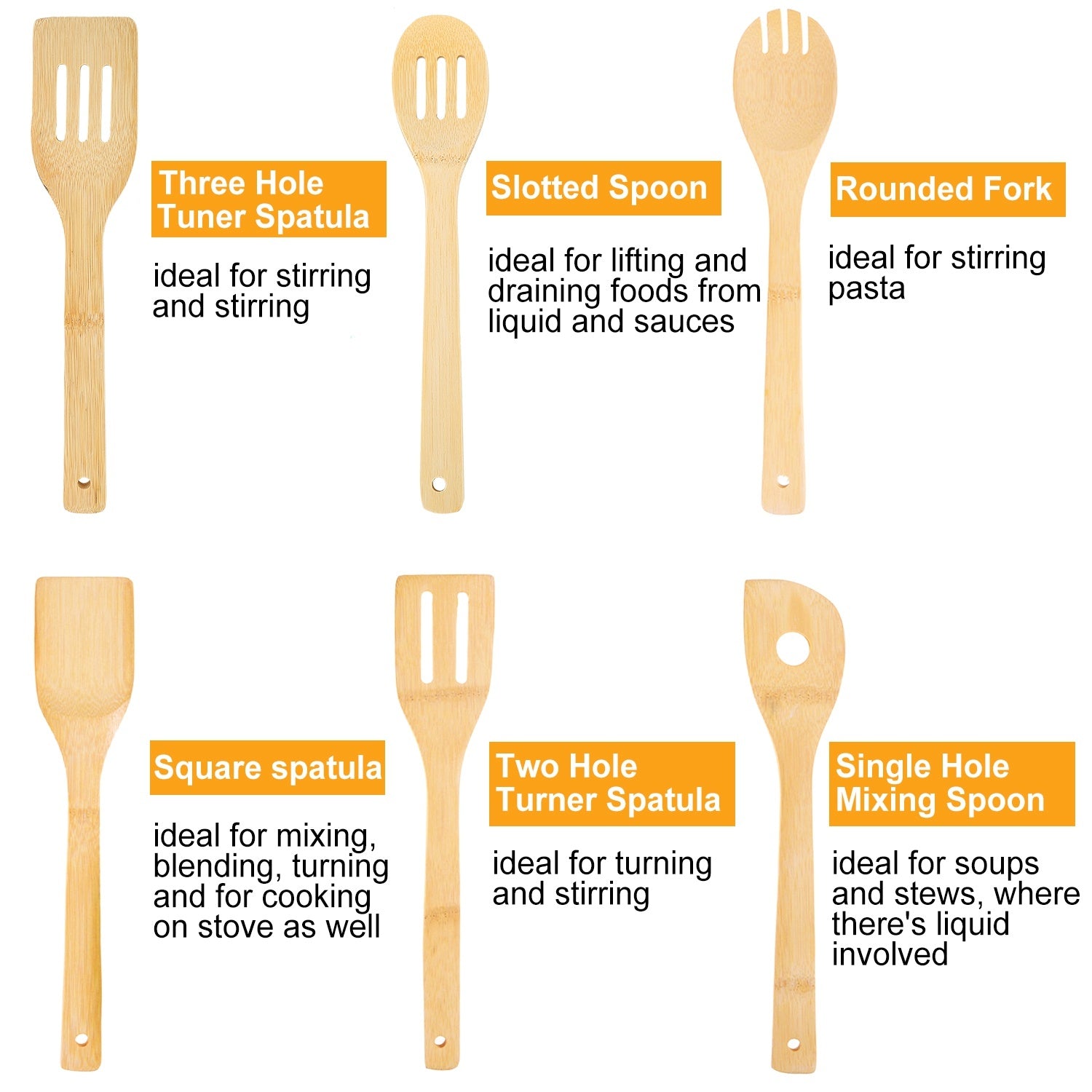 Juego de 6 utensilios de cocina de bambú: cucharas y espátulas de madera, utensilios de cocina antiadherentes, accesorios de cocina prácticos