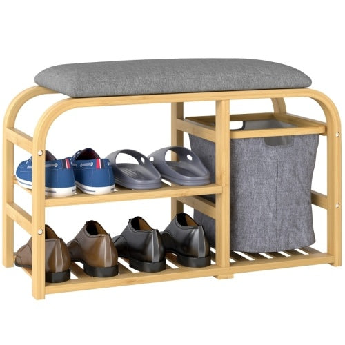 Banco-zapatero de bambú con asiento acolchado y acabado en madera natural.