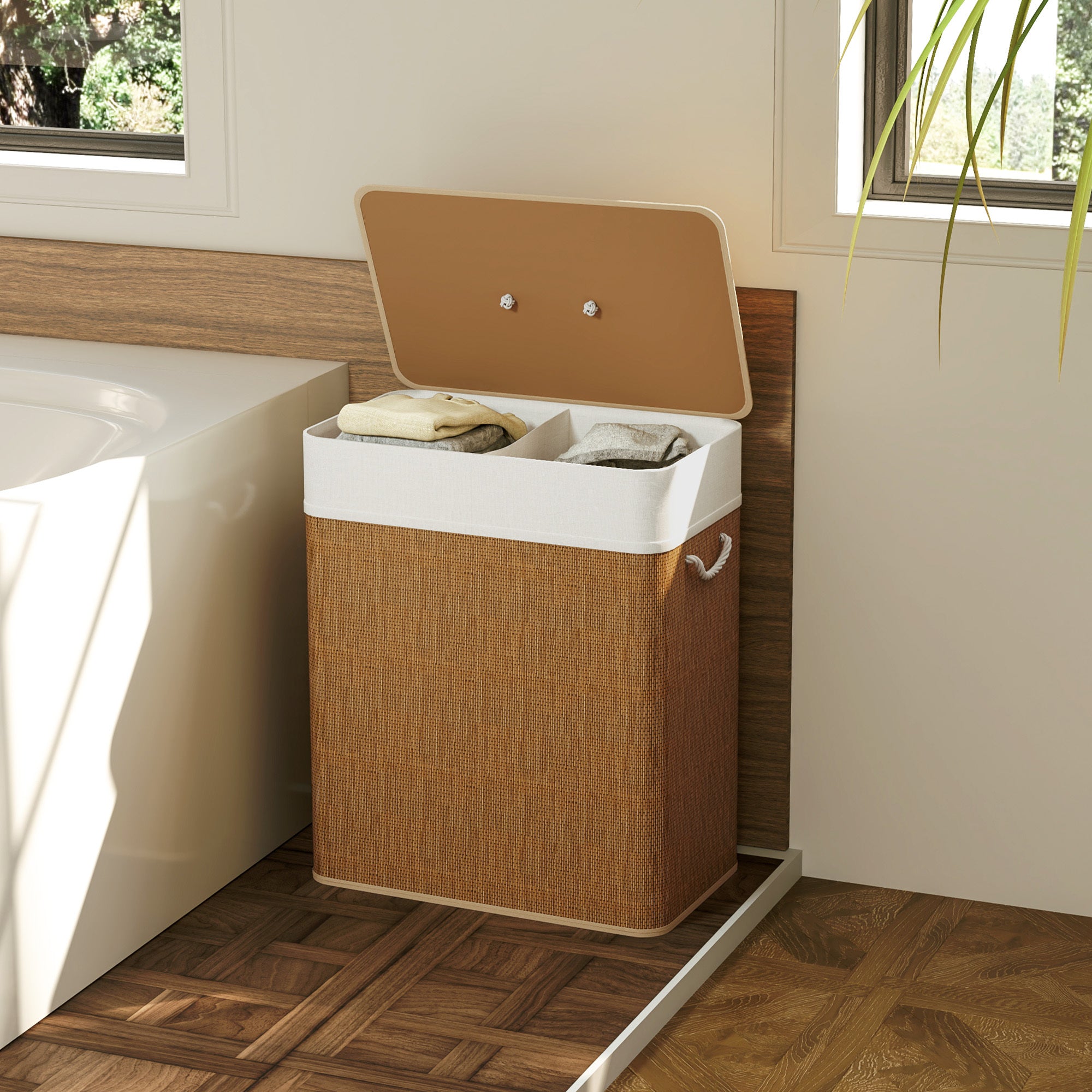 Cesta de ropa doble con tapa, capacidad de 26,4 galones, fabricada en bambú con asas de cuerda y forro interior extraíble, color marrón.