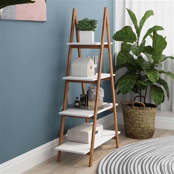Estantería para libros en forma de escalera (diseño en "A"), fabricada con madera maciza o bambú.