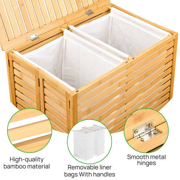 Cesta de ropa de bambú con tapa - Cesta plegable con 2 compartimentos y bolsillos interiores extraíbles, ideal para el baño, el dormitorio y la lavandería
