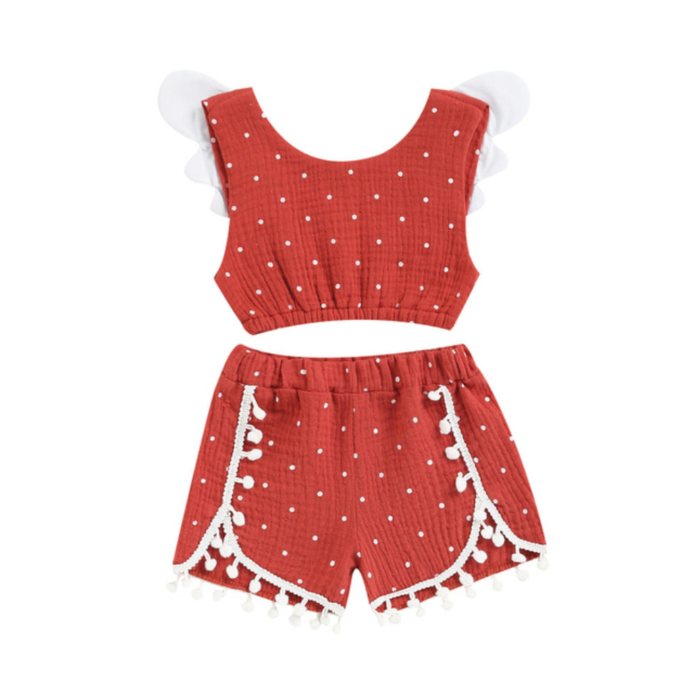Traje de bebé de algodón y cáñamo con alas voladoras, chaleco y pantalones cortos de lunares