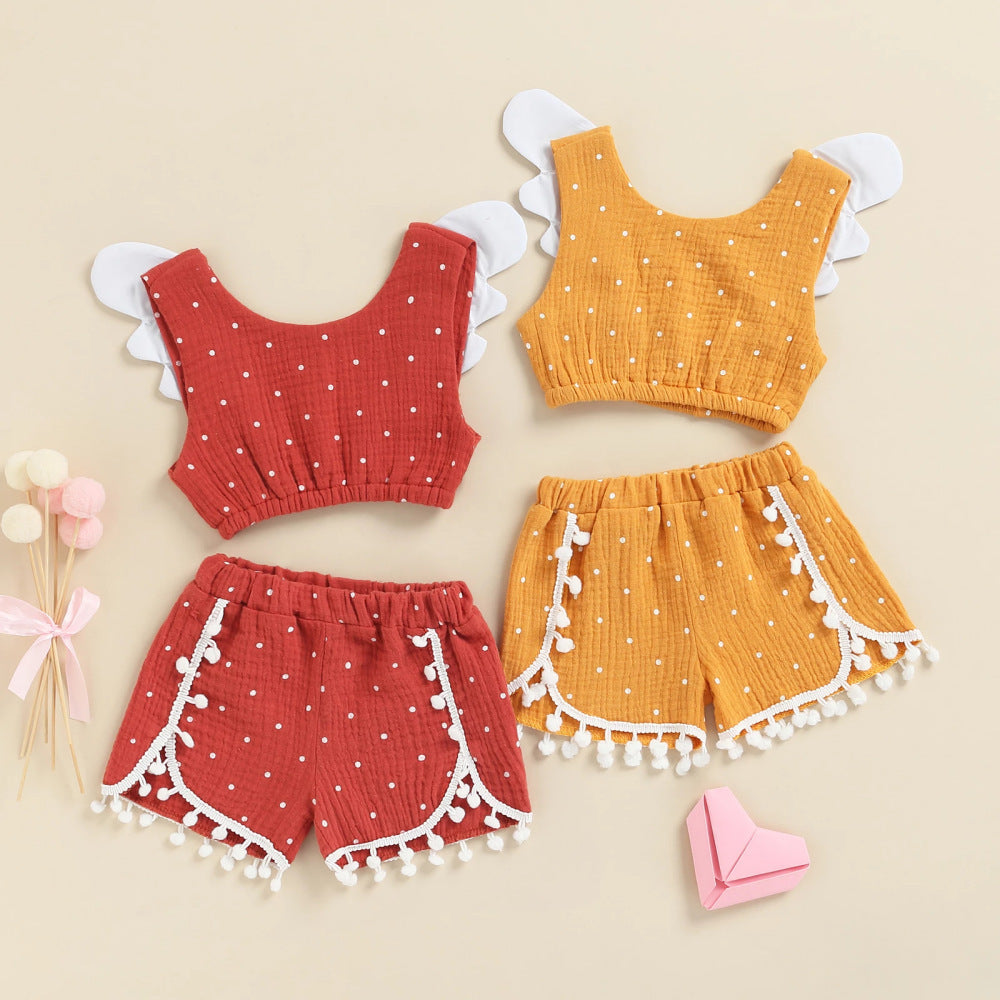 Traje de bebé de algodón y cáñamo con alas voladoras, chaleco y pantalones cortos de lunares