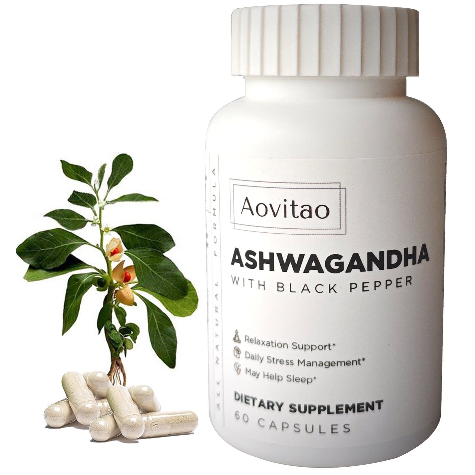 Suplementos de Ashwagandha en cápsulas veganas para aliviar el estrés y reforzar el sistema inmunitario. Equilibra los niveles de energía y el estado de ánimo. Orgánico.