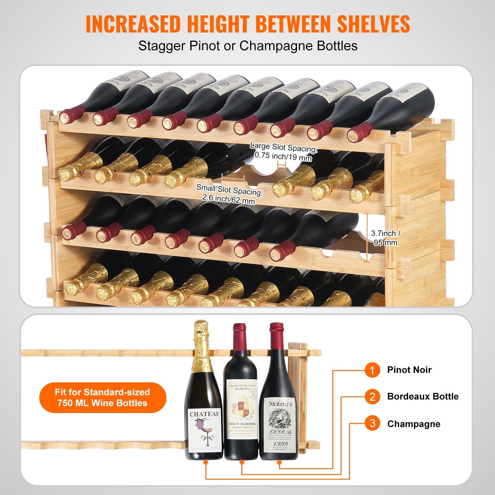 Estantería modular para vinos de bambú, capacidad para 72 botellas, estantería de exposición de 8 niveles