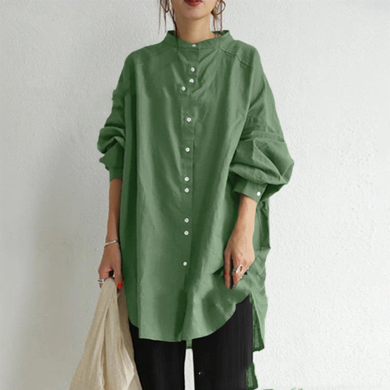 Camisa de algodón y lino de color liso, nueva colección otoño-invierno