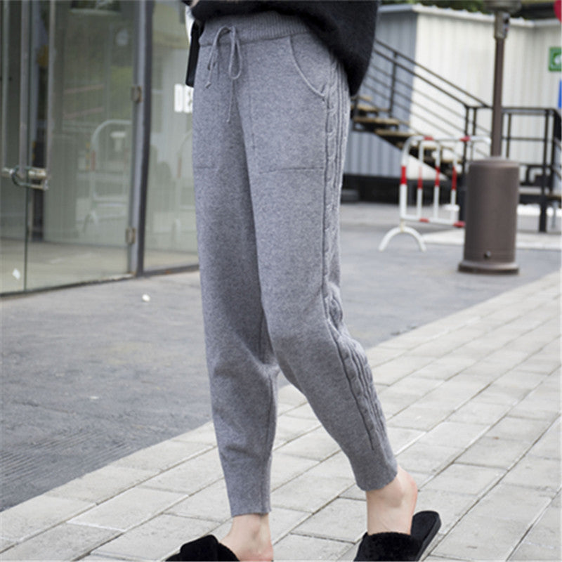 Pantalones Harem de punto de moda, color liso, tejido de cáñamo con detalles de encaje.
