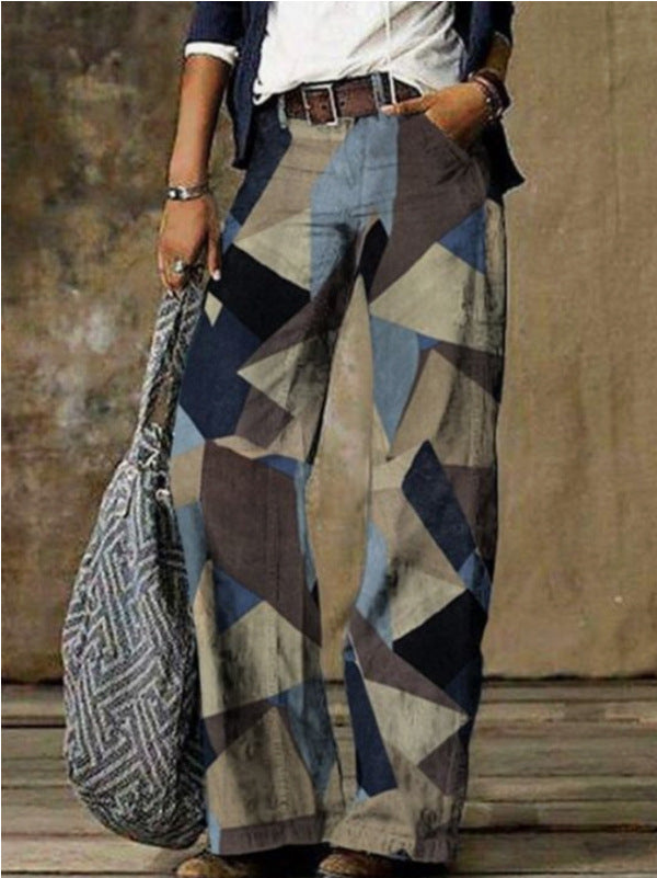 Pantalones de pierna ancha con estampado de cáñamo, sin cinturón, estilo casual de inspiración étnica