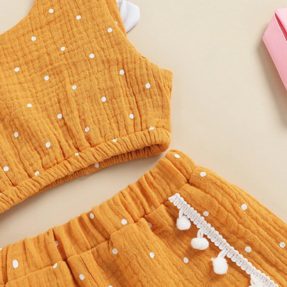 Traje de bebé de algodón y cáñamo con alas voladoras, chaleco y pantalones cortos de lunares