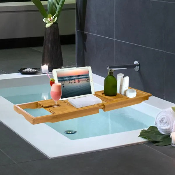 Tabla de baño extensible de bambú con bandeja y soporte para lectura, ideal para tabletas y móviles. Regalo perfecto para el día de San Valentín.