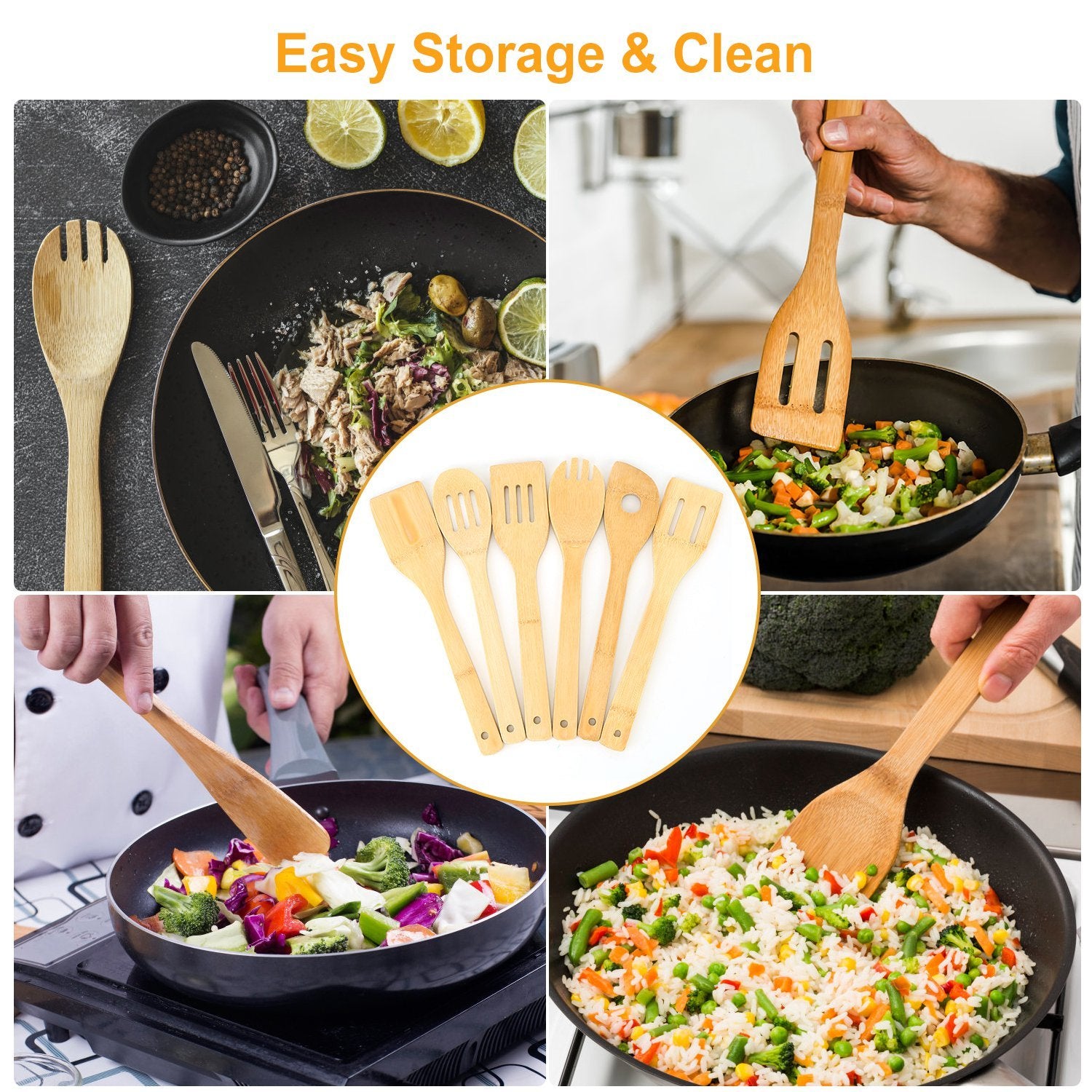 Juego de 6 utensilios de cocina de bambú: cucharas y espátulas de madera, utensilios de cocina antiadherentes, accesorios de cocina prácticos
