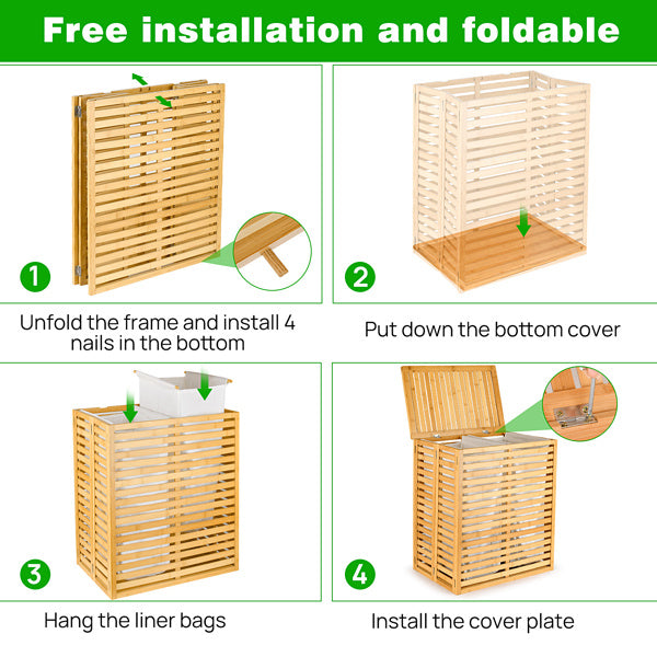 Cesta de ropa de bambú con tapa - Cesta plegable con 2 compartimentos y bolsillos interiores extraíbles, ideal para el baño, el dormitorio y la lavandería
