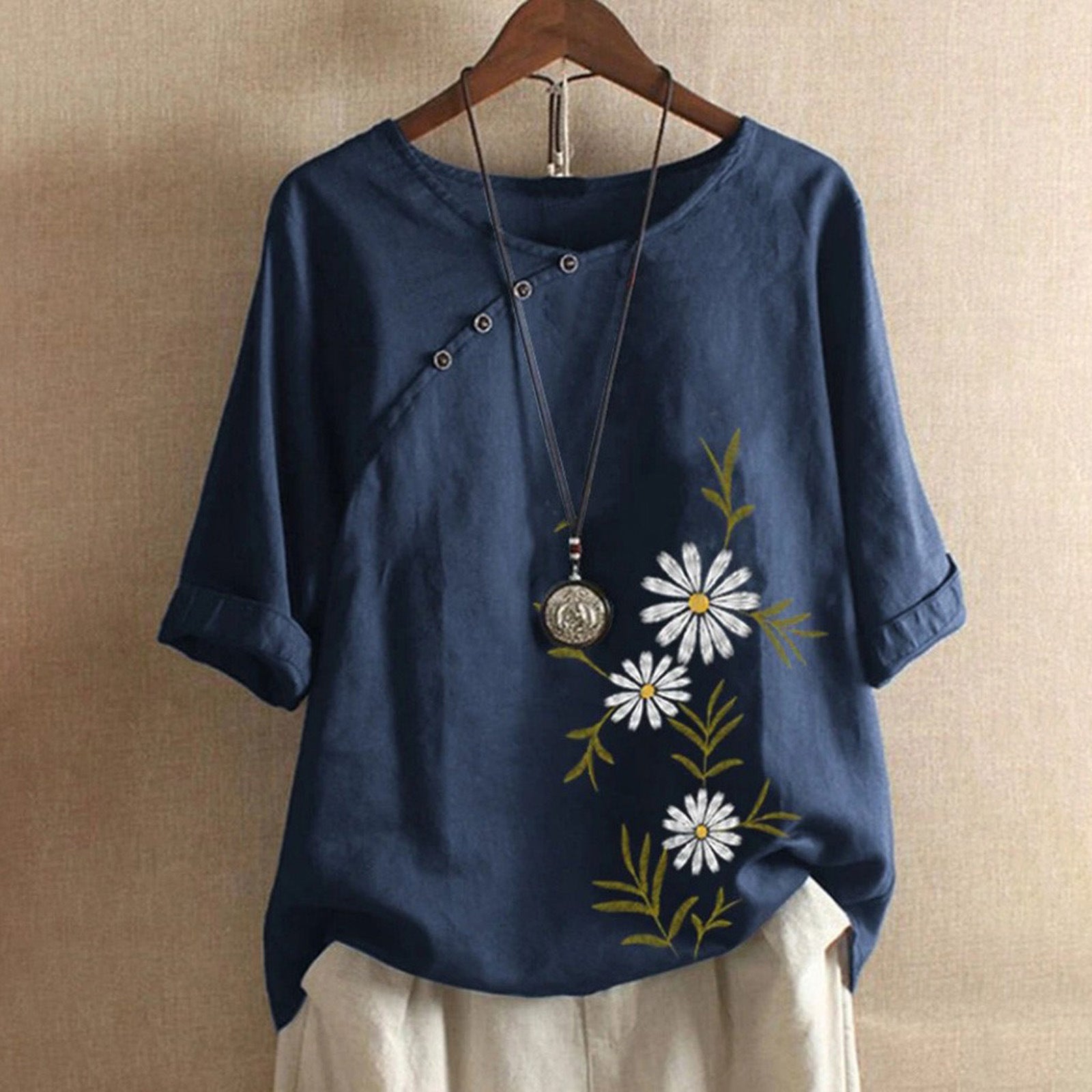 Camisetas de algodón y cáñamo de manga corta con estampado