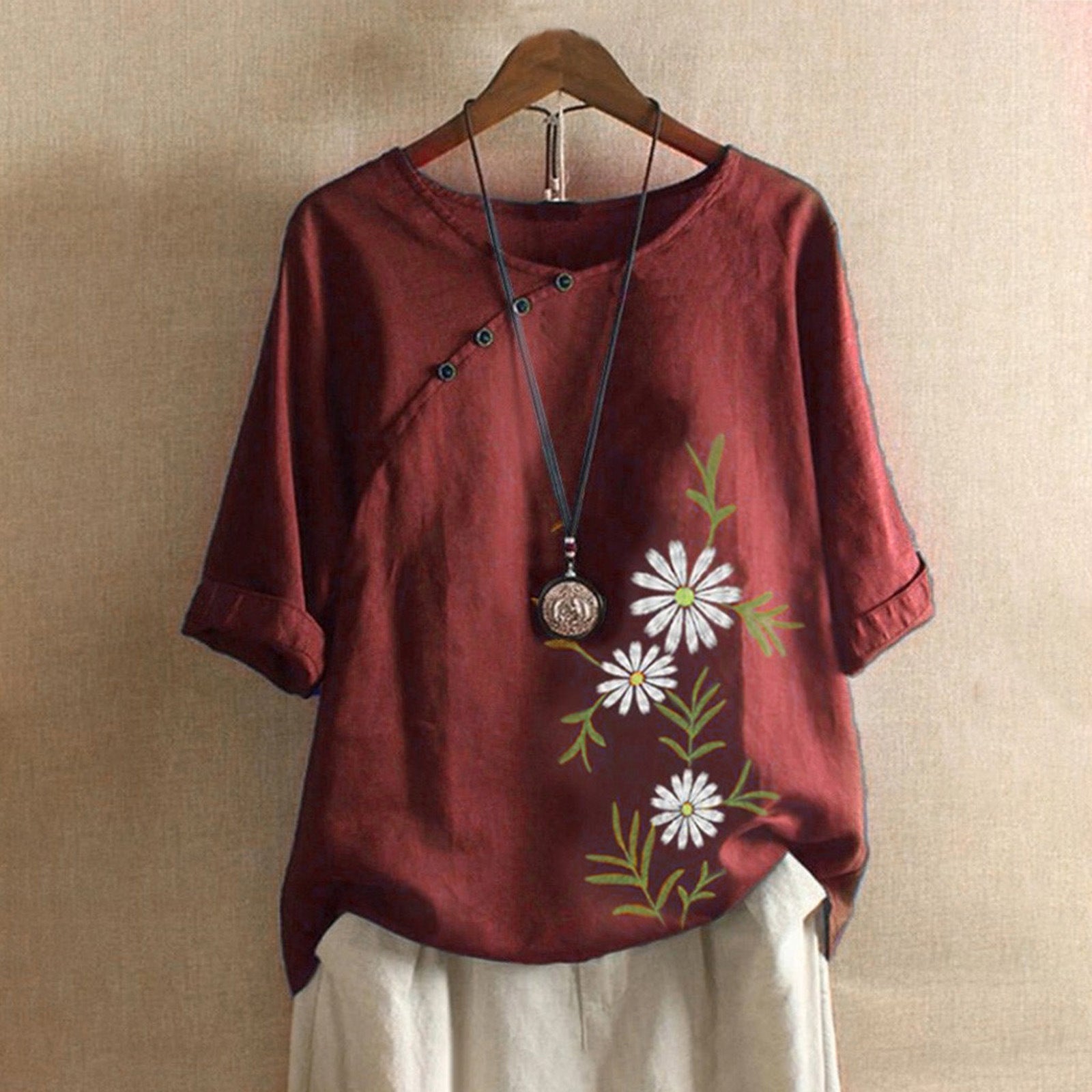 Camisetas de algodón y cáñamo de manga corta con estampado