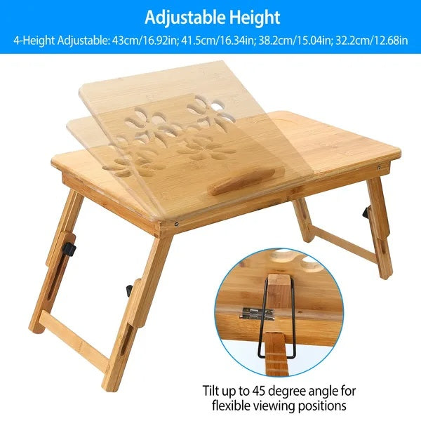 Mesa de bambú para portátil, bandeja plegable para desayuno o merienda en la cama, superficie inclinable ajustable con múltiples posiciones.