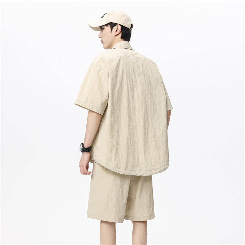 Conjunto de dos piezas para hombre: pantalones cortos holgados, camisa informal de lino, ligero, transpirable y antideslizante