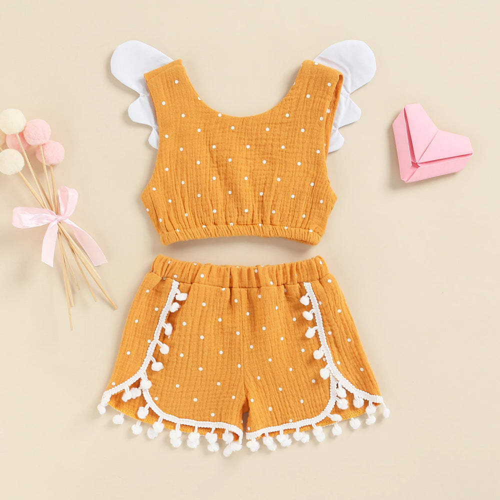 Traje de bebé de algodón y cáñamo con alas voladoras, chaleco y pantalones cortos de lunares