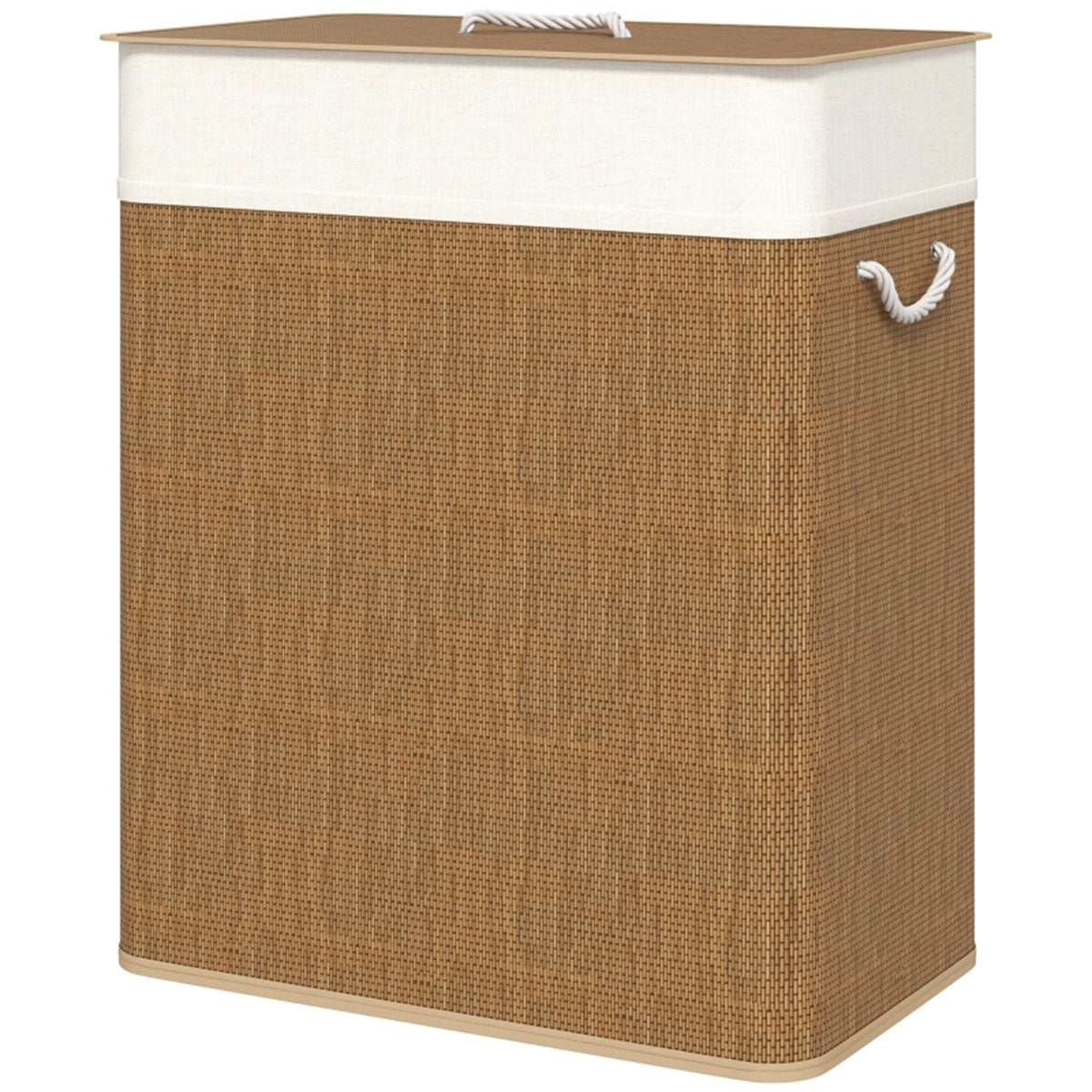 Cesta de ropa doble con tapa, capacidad de 26,4 galones, fabricada en bambú con asas de cuerda y forro interior extraíble, color marrón.