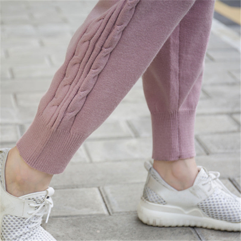Pantalones Harem de punto de moda, color liso, tejido de cáñamo con detalles de encaje.
