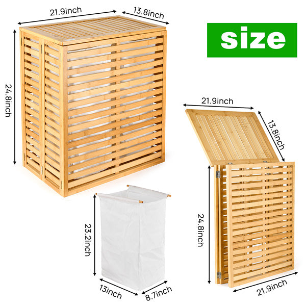 Cesta de ropa de bambú con tapa - Cesta plegable con 2 compartimentos y bolsillos interiores extraíbles, ideal para el baño, el dormitorio y la lavandería