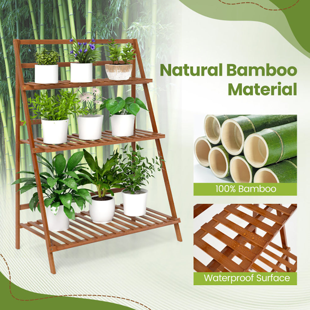 Estantería plegable de bambú con 3 niveles para plantas, flores y libros.
