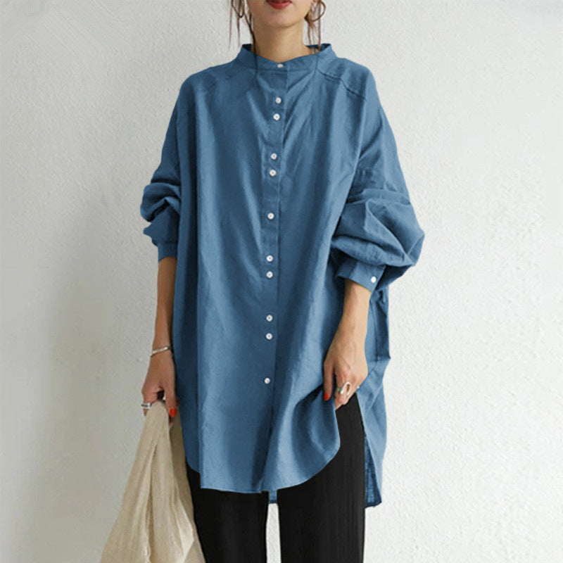 Camisa de algodón y lino de color liso, nueva colección otoño-invierno