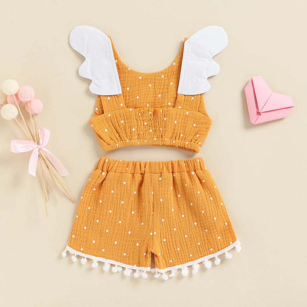 Traje de bebé de algodón y cáñamo con alas voladoras, chaleco y pantalones cortos de lunares