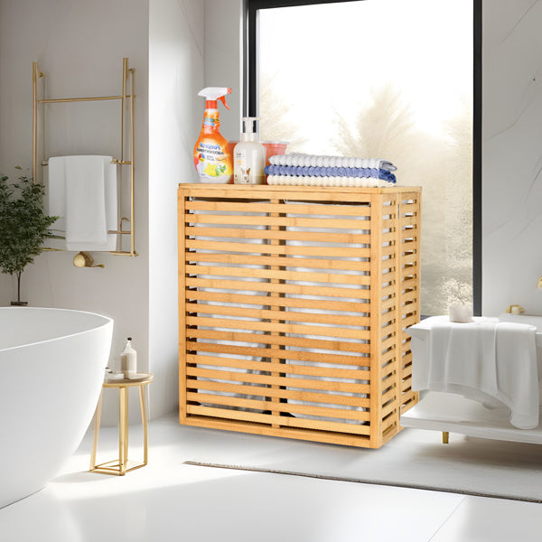 Cesta de ropa de bambú con tapa - Cesta plegable con 2 compartimentos y bolsillos interiores extraíbles, ideal para el baño, el dormitorio y la lavandería