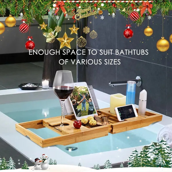 Tabla de baño extensible de bambú con bandeja y soporte para lectura, ideal para tabletas y móviles. Regalo perfecto para el día de San Valentín.