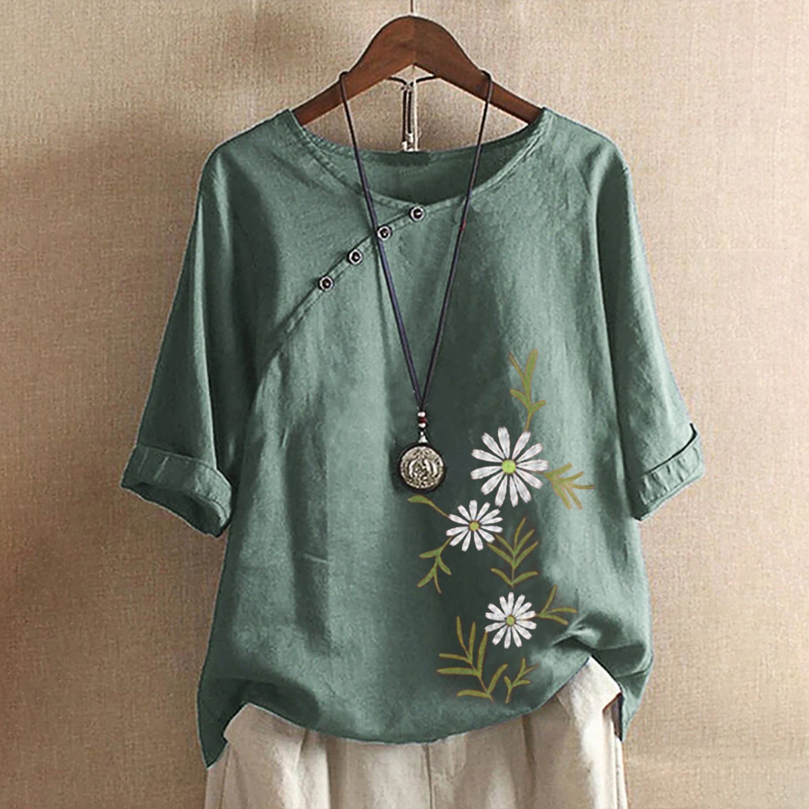 Camisetas de algodón y cáñamo de manga corta con estampado
