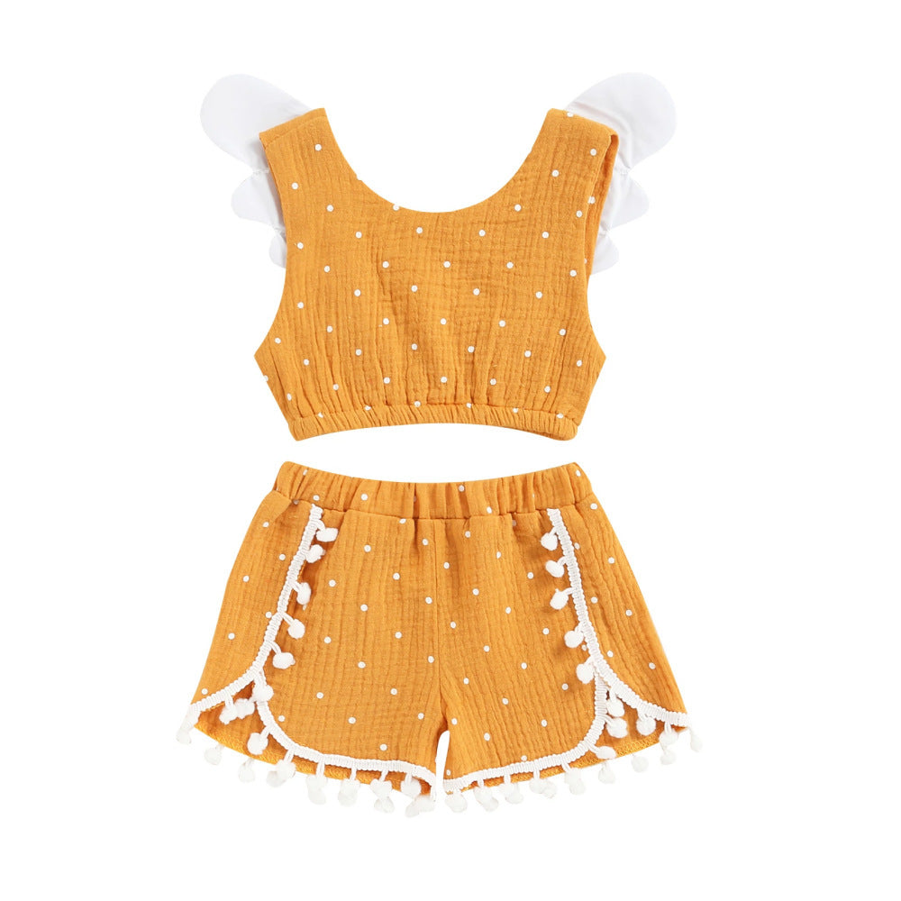Traje de bebé de algodón y cáñamo con alas voladoras, chaleco y pantalones cortos de lunares