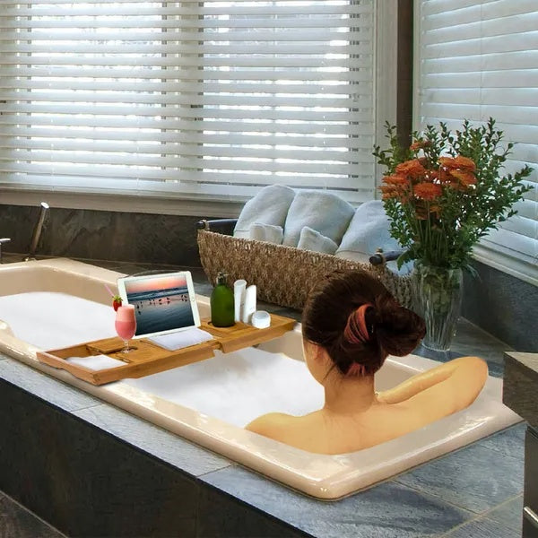 Tabla de baño extensible de bambú con bandeja y soporte para lectura, ideal para tabletas y móviles. Regalo perfecto para el día de San Valentín.