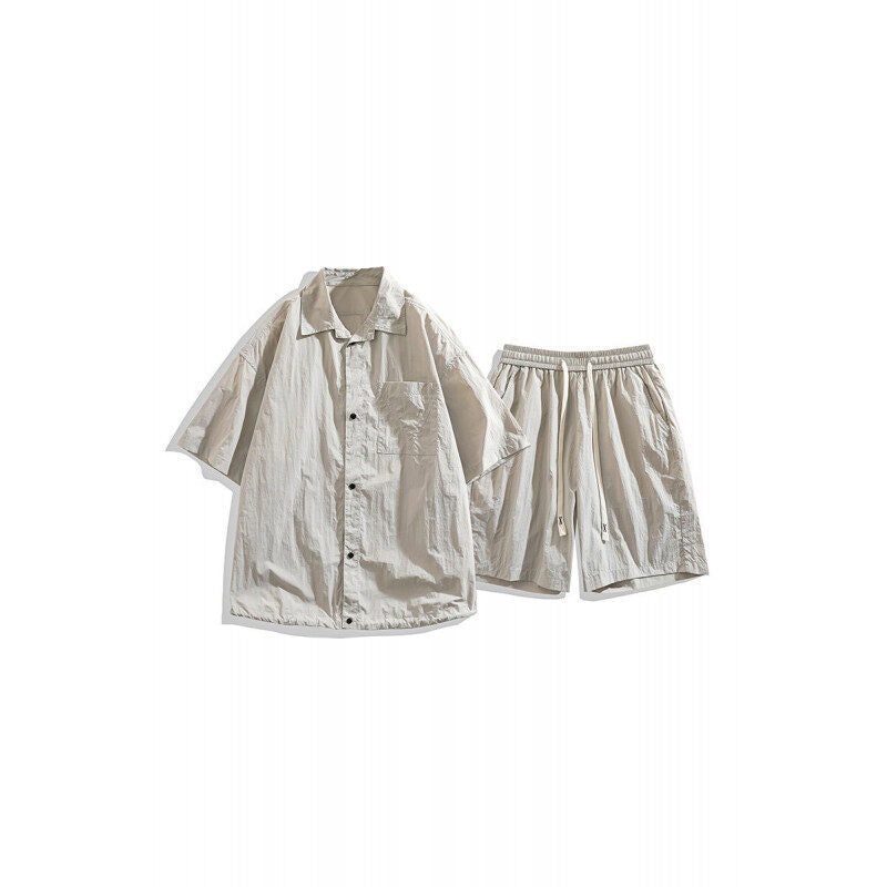 Conjunto de dos piezas para hombre: pantalones cortos holgados, camisa informal de lino, ligero, transpirable y antideslizante