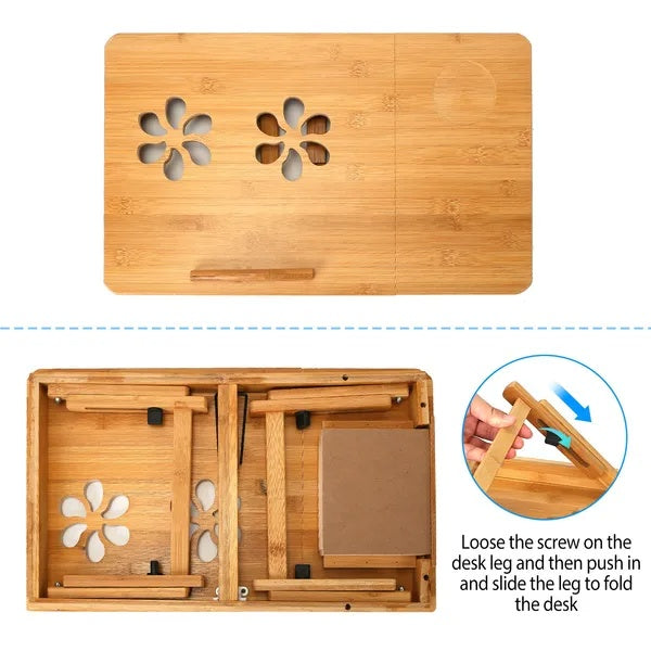 Mesa de bambú para portátil, bandeja plegable para desayuno o merienda en la cama, superficie inclinable ajustable con múltiples posiciones.