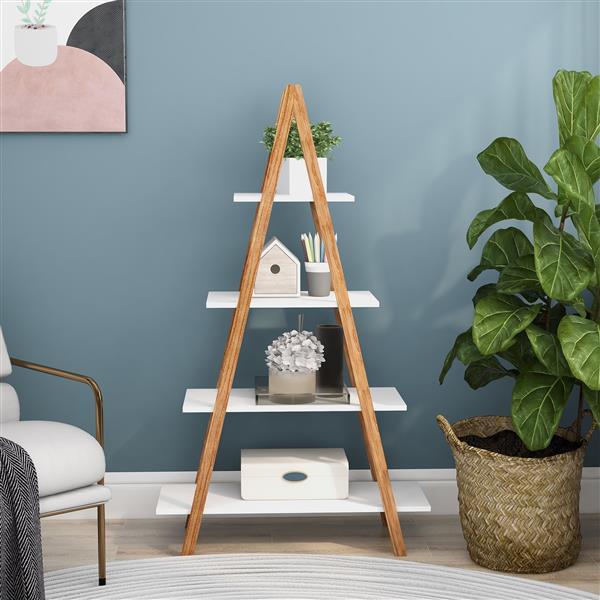 Estantería para libros en forma de escalera (diseño en "A"), fabricada con madera maciza o bambú.