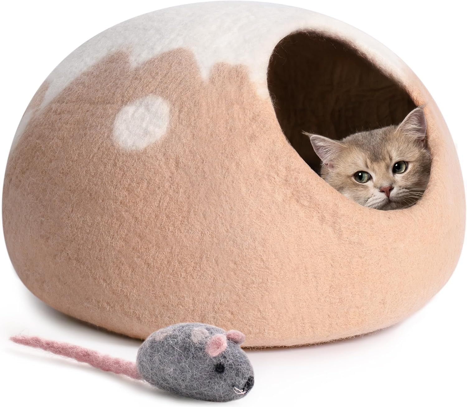 Cama-cueva para gatos, hecha a mano con lana - Casa refugio de fieltro natural para gatos y gatitos de interior, cama cómoda y transpirable, color gris, tamaño mediano