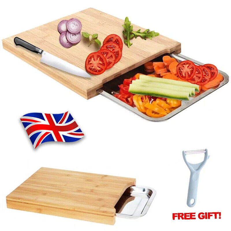 Tabla de cortar de bambú con bandeja deslizante de acero inoxidable para cortar y rebanar