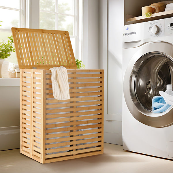 Cesta de ropa de bambú con tapa - Cesta plegable con 2 compartimentos y bolsillos interiores extraíbles, ideal para el baño, el dormitorio y la lavandería