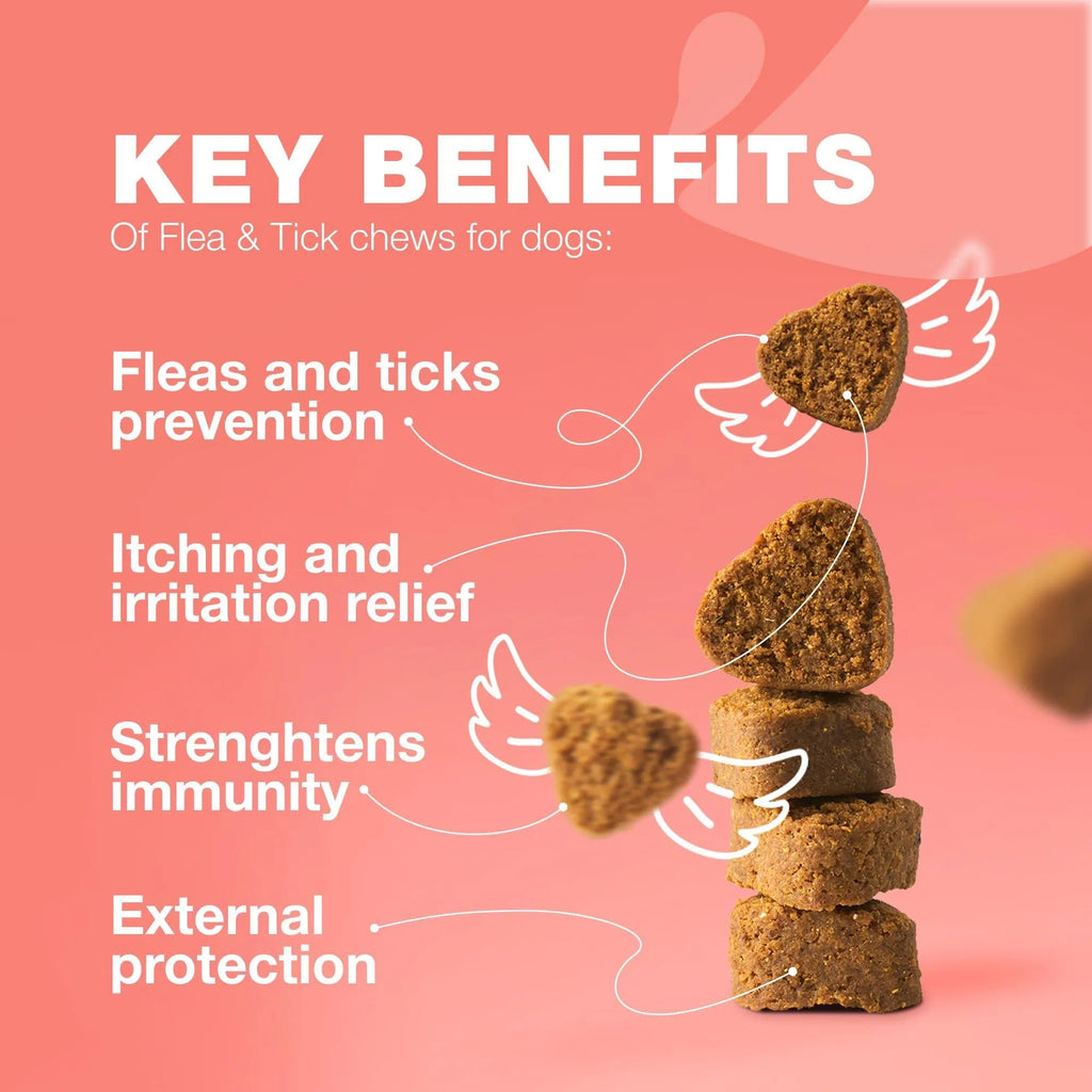 Comprimidos masticables para el tratamiento de pulgas y garrapatas en perros. Prevención natural de pulgas y garrapatas, para reforzar el sistema inmunológico.