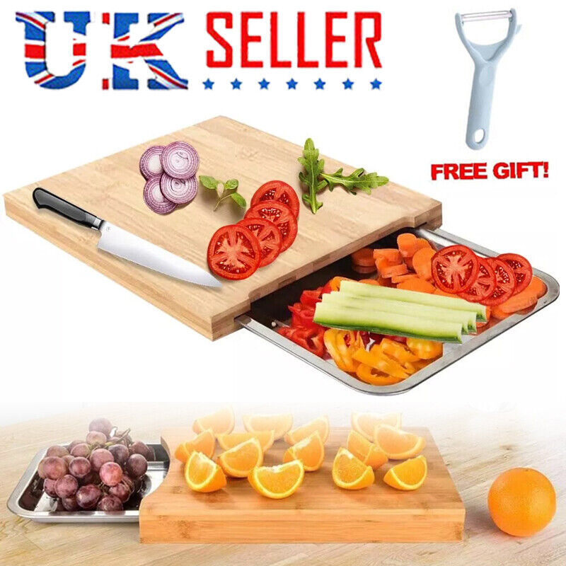 Tabla de cortar de bambú con bandeja deslizante de acero inoxidable para cortar y rebanar