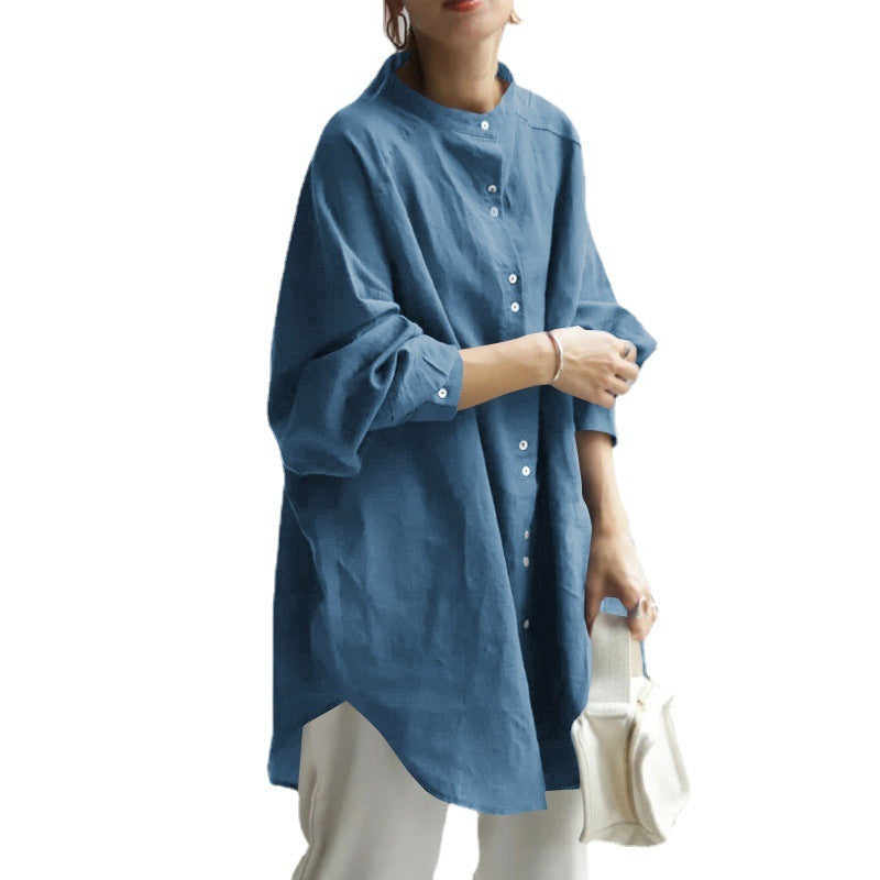Camisa de algodón y lino de color liso, nueva colección otoño-invierno