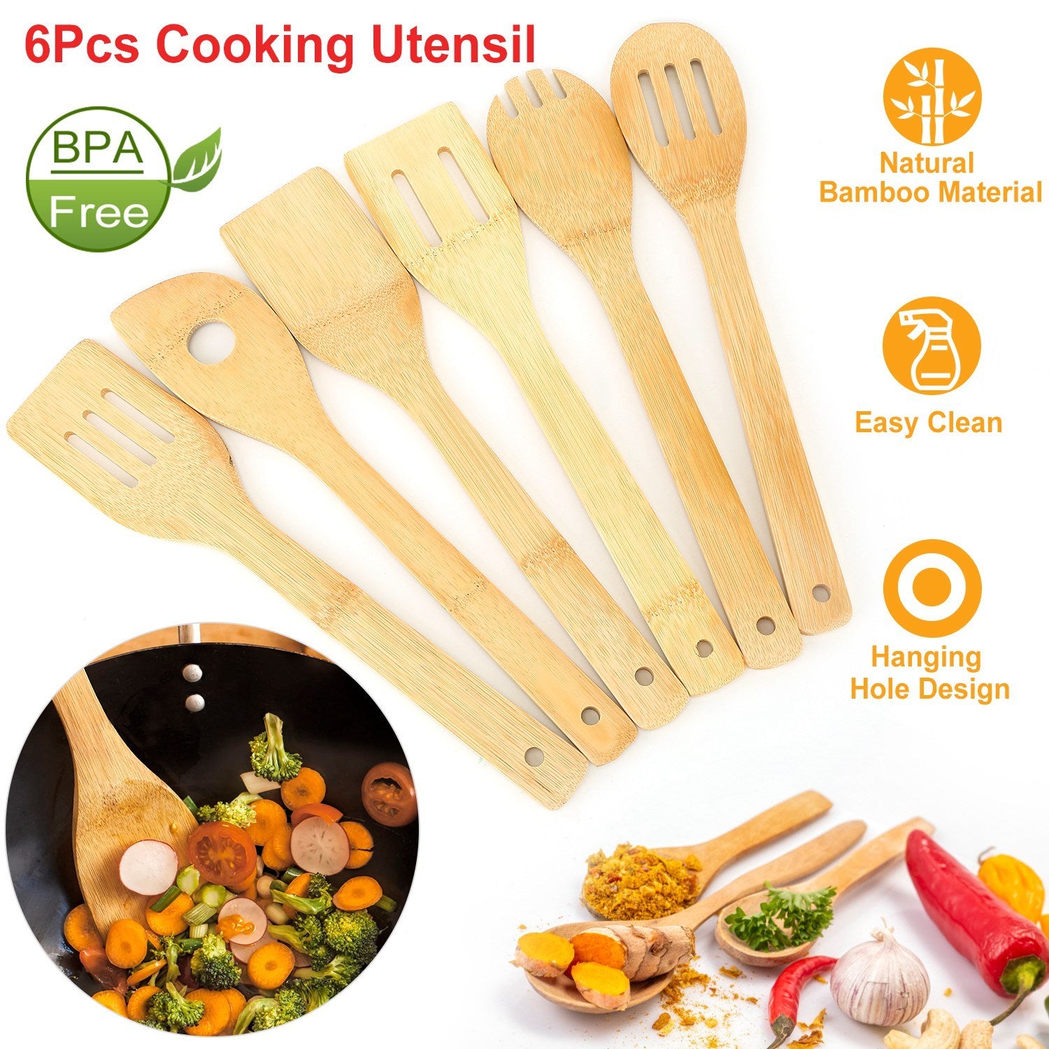 Juego de 6 utensilios de cocina de bambú: cucharas y espátulas de madera, utensilios de cocina antiadherentes, accesorios de cocina prácticos